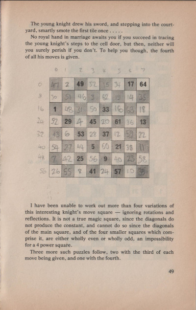 Page 49 of The Ultimate Book of Number Puzzles, which describes the Knight Errant puzzle and gives one partial solution.